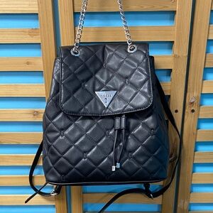 GUESS Black Quilted Backpack with Chain Strap